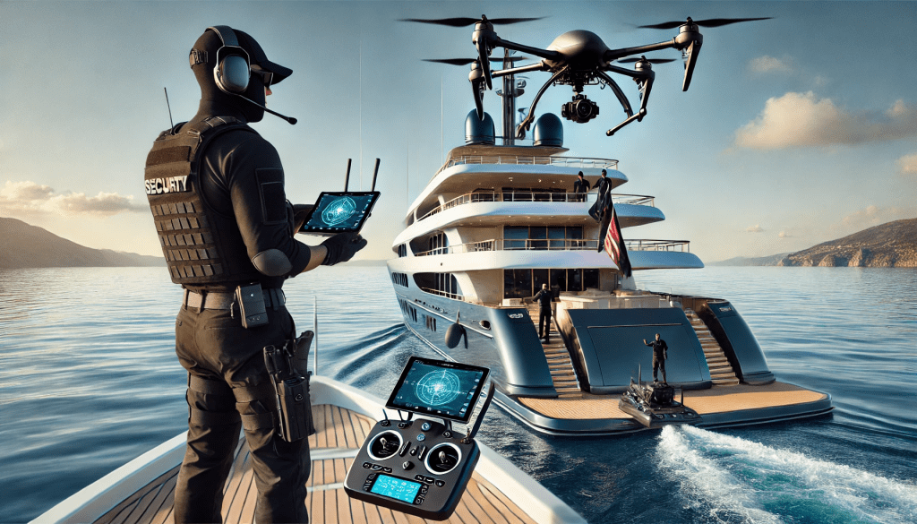 A professional scene showing a superyacht security team conducting drone operations. The image includes a luxury superyacht in a calm, pristine ocean setting, with security personnel in sleek, black tactical uniforms launching a high-tech drone from the yacht's deck. The team uses advanced control systems, with one member monitoring a tablet screen displaying surveillance footage. The drone, equipped with a camera and thermal imaging, hovers near the yacht. The atmosphere is sophisticated and focused, with a clear blue sky and elegant superyacht architecture in the background.